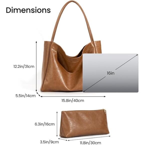 Brown Tote Bag for Women 2 Pcs Large Casual PU Weekender Bag Soft Vegan Leather - Picture 3 of 6